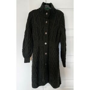 SAOL 100% Merino Wool Irish Aran Cable Knit Long Button Coat Coatigan Sz S NWT